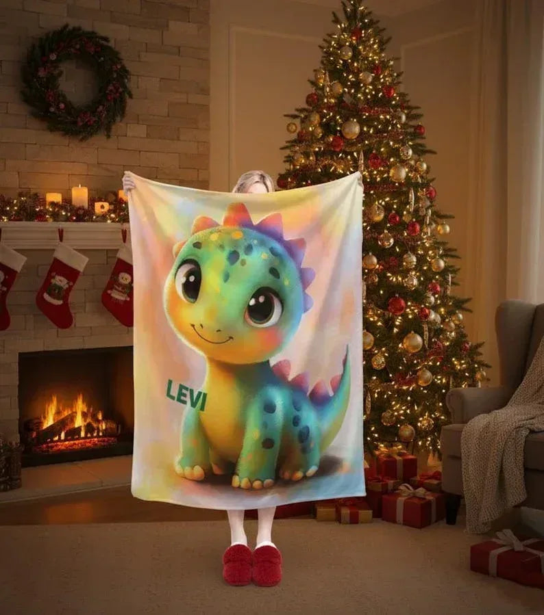Personalized Dinosaur Blanket | Custom Name | Rainbow Colorful Smiling Dino Flannel Fleece Throw Gift