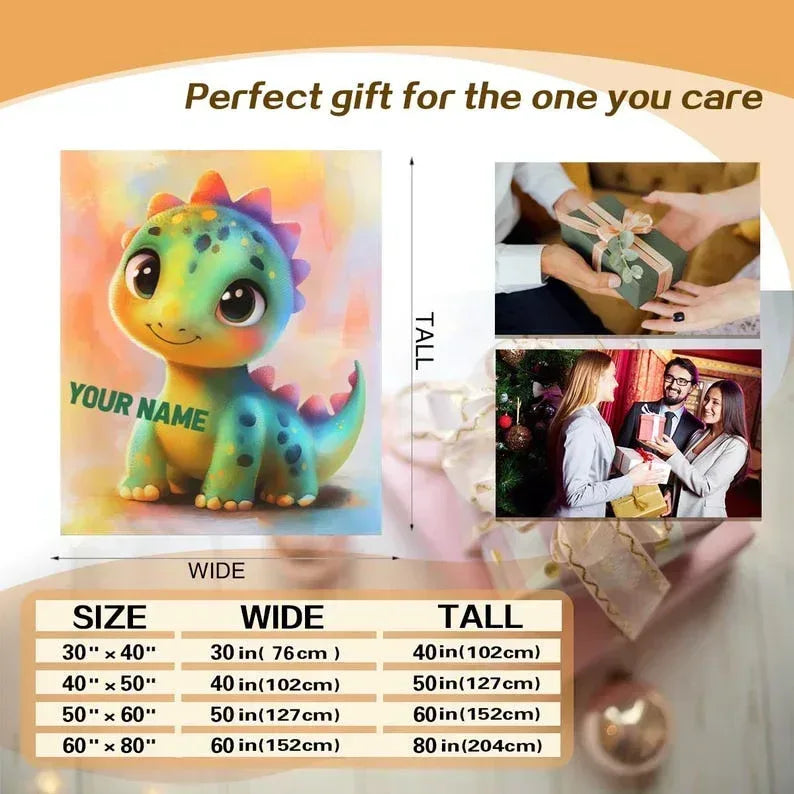 Personalized Dinosaur Blanket | Custom Name | Rainbow Colorful Smiling Dino Flannel Fleece Throw Gift