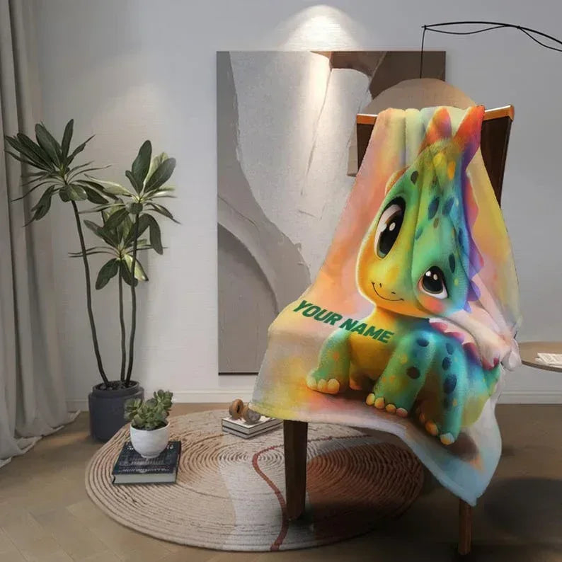 Personalized Dinosaur Blanket | Custom Name | Rainbow Colorful Smiling Dino Flannel Fleece Throw Gift