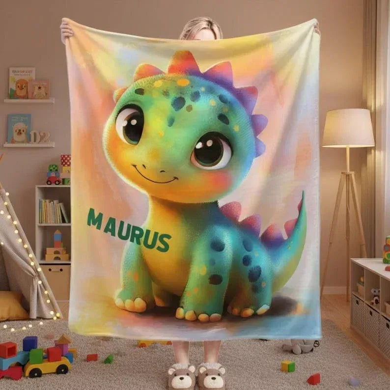 Personalized Dinosaur Blanket | Custom Name | Rainbow Colorful Smiling Dino Flannel Fleece Throw Gift