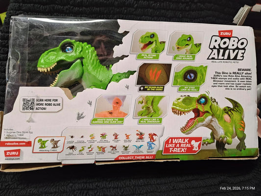 Robo Alive T-Rex toy packaging featuring a green dinosaur with interactive features.