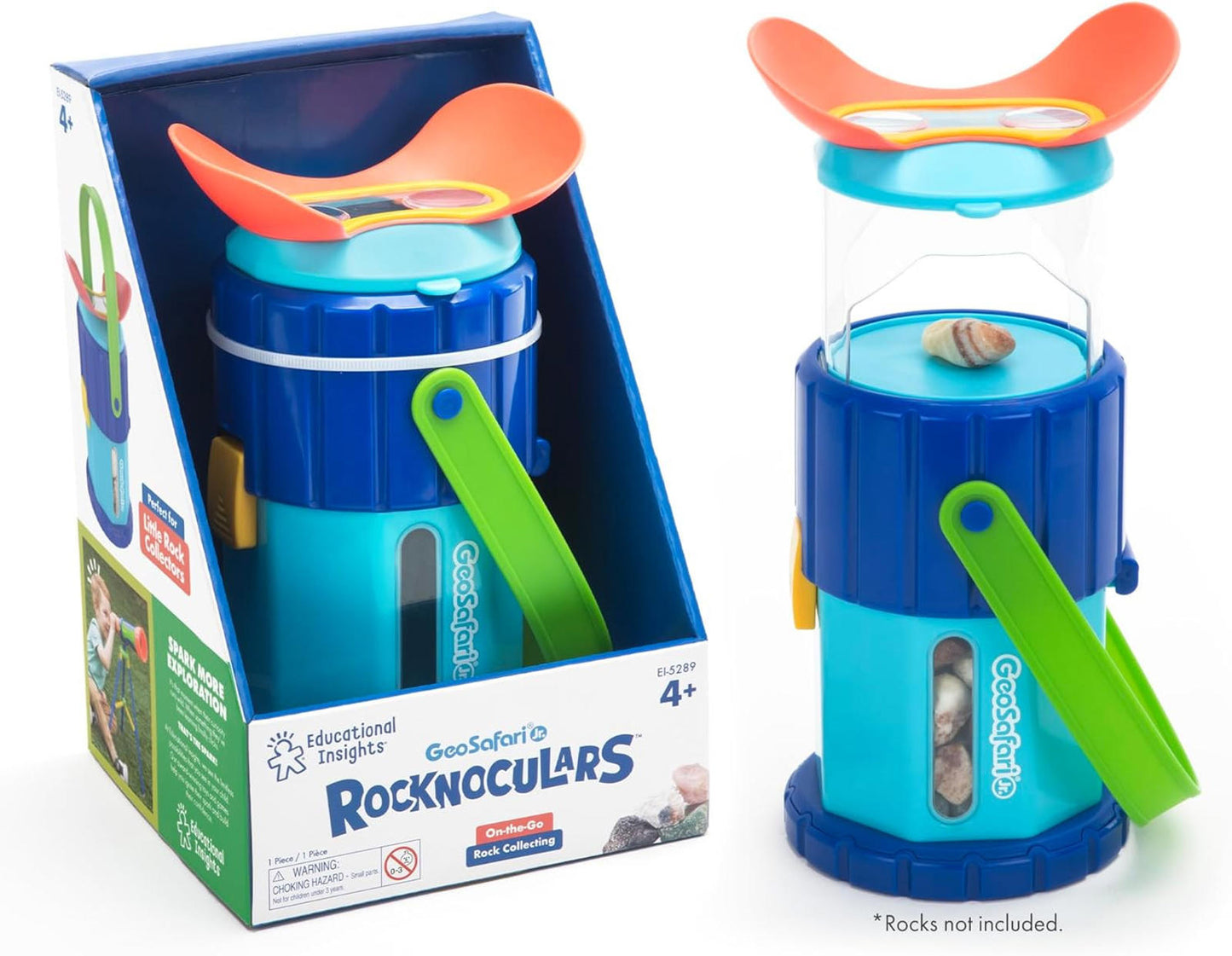 Rocknoculars by Educational Insights, a blue and green rock collecting tool with a magnifying lens.
