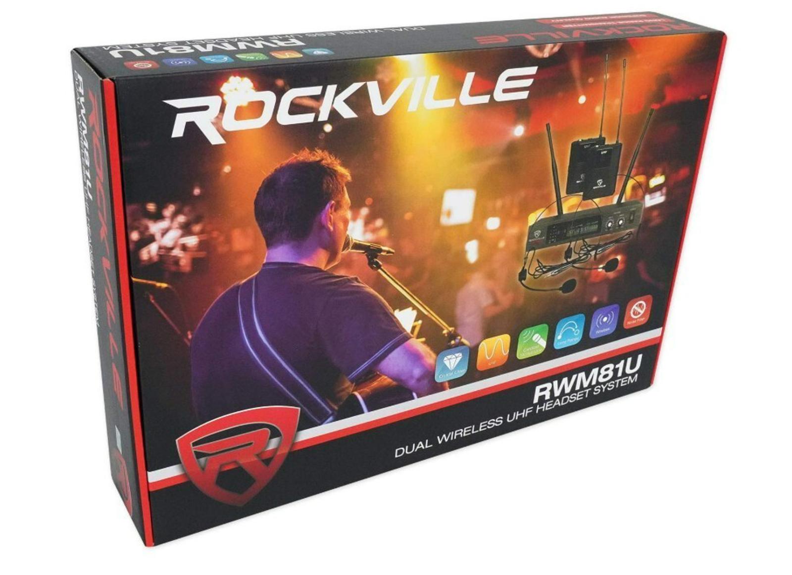 Rockville RWM81U dual wireless microphone system with vibrant stage background.