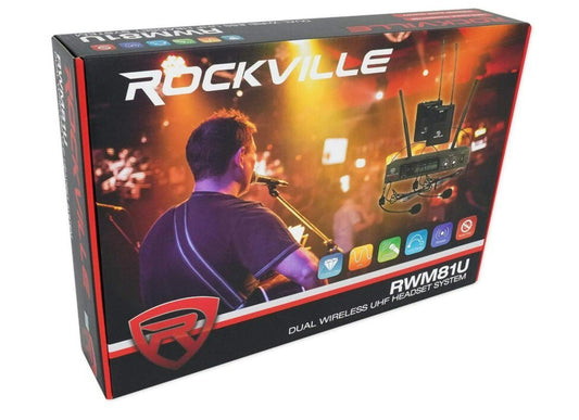 Rockville RWM81U dual wireless microphone system with vibrant stage background.