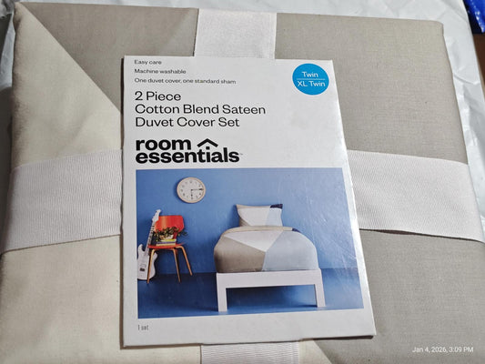 Room Essentials 2 Piece Cotton Blend Sateen Duvet Cover Set displayed with packaging.