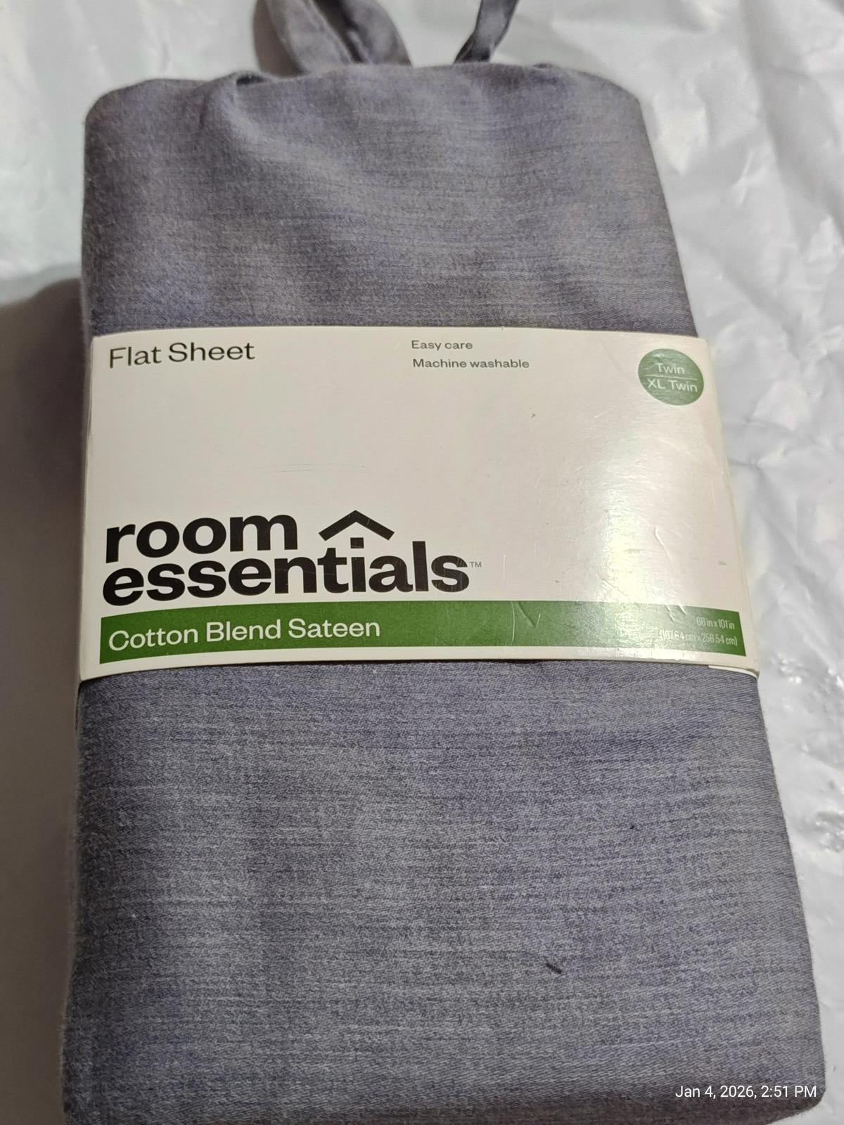 Room Essentials cotton blend sateen flat sheet in gray color with a smooth texture.