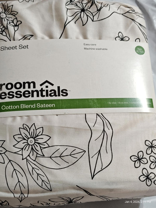 Room Essentials cotton blend sateen sheet set featuring floral design and easy care.