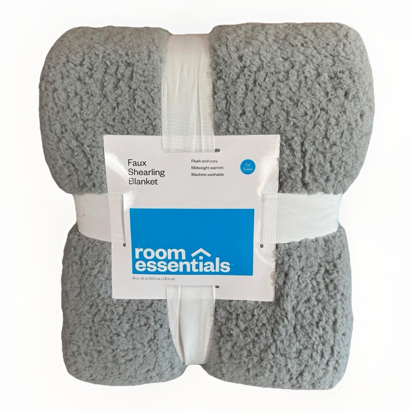 Room Essentials faux shearling blanket in soft gray color, perfect for cozying up.