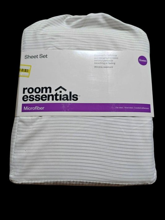 Room Essentials microfiber sheet set featuring a striped design in a classic white color.