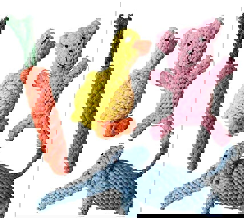 Rope toys for pets including a yellow duck, pink bear, blue cat, and orange carrot.