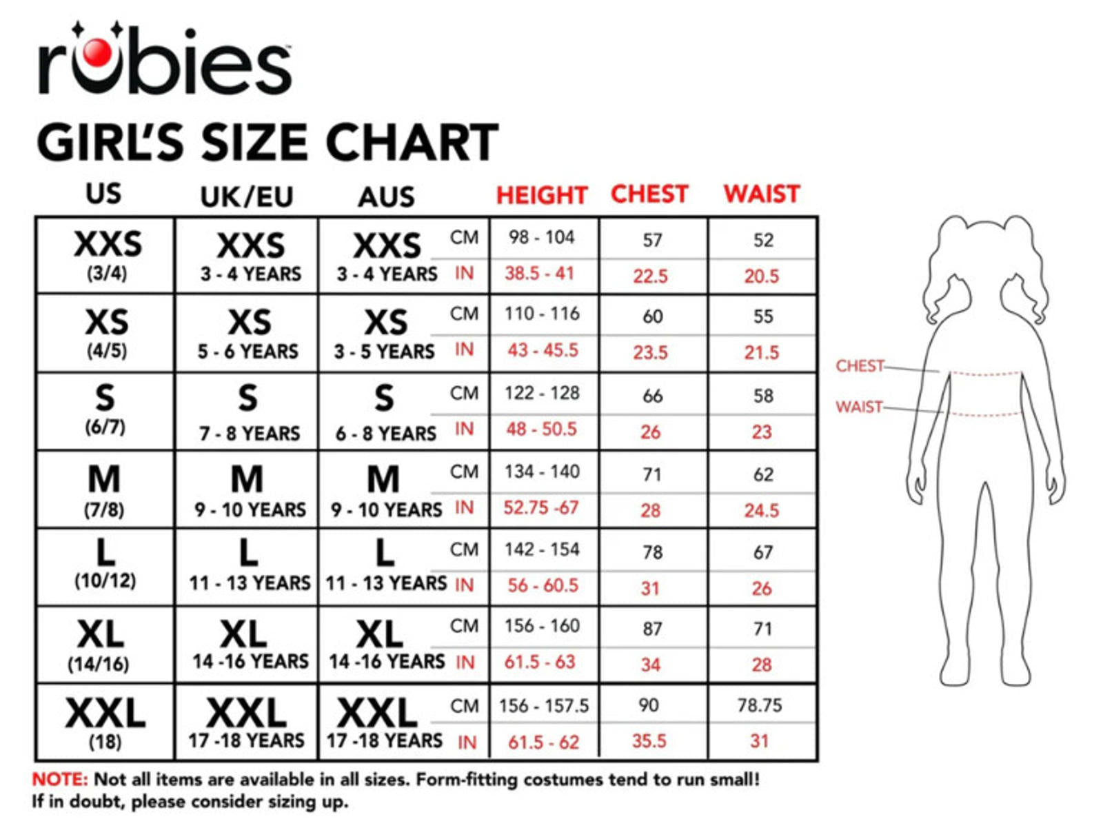Rubies girl's size chart displaying height, chest, and waist measurements for various sizes.