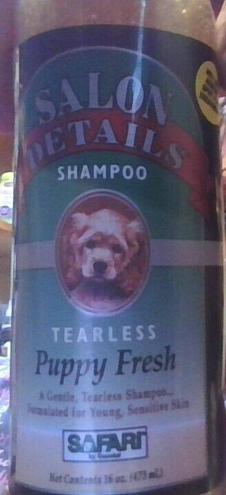 Salon Details Puppy Fresh shampoo for sensitive skin, tearless formula in a 16 oz bottle.