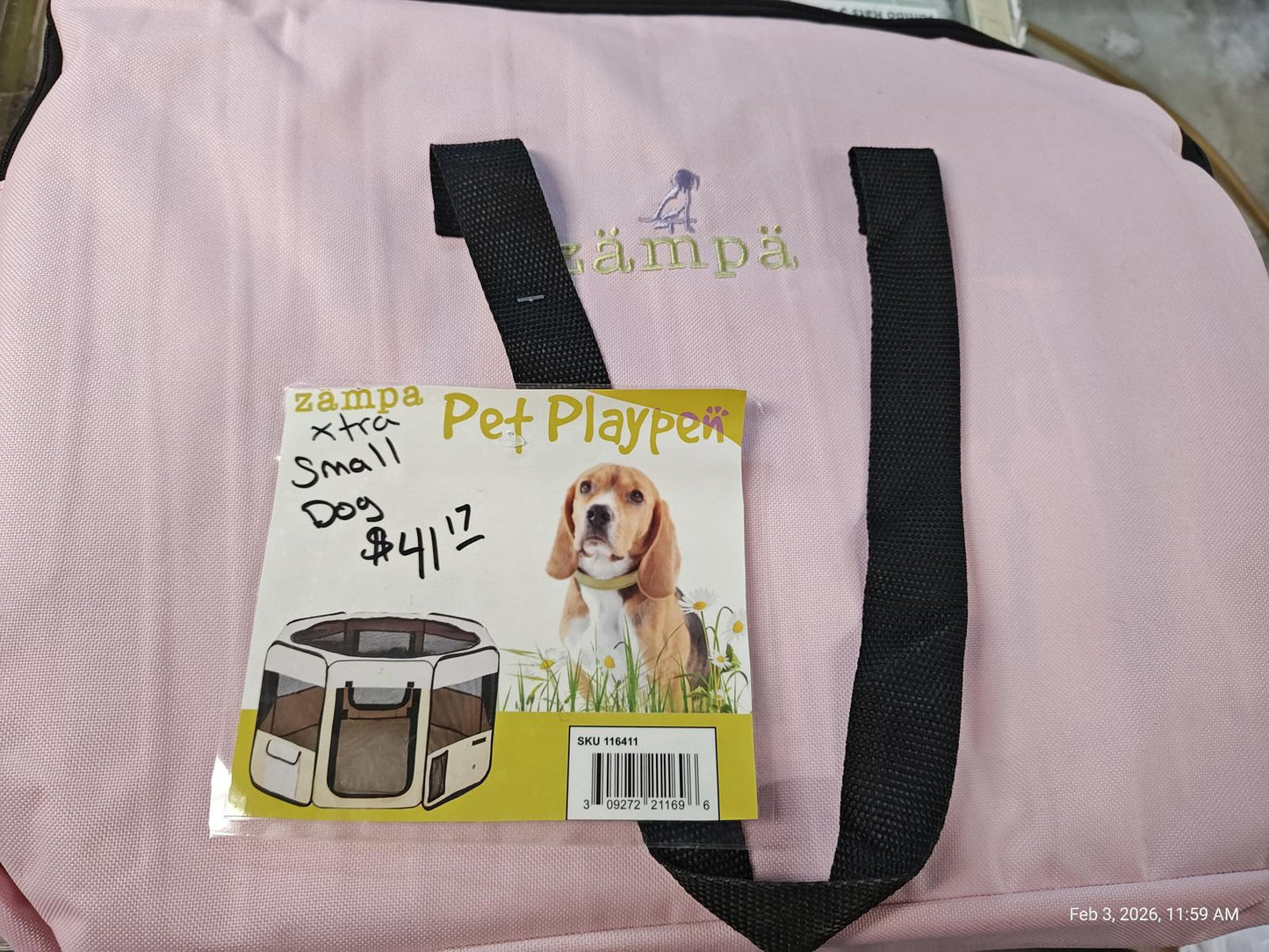 Sampa Pet Playpen for small dogs in pink color with black straps and packaging.