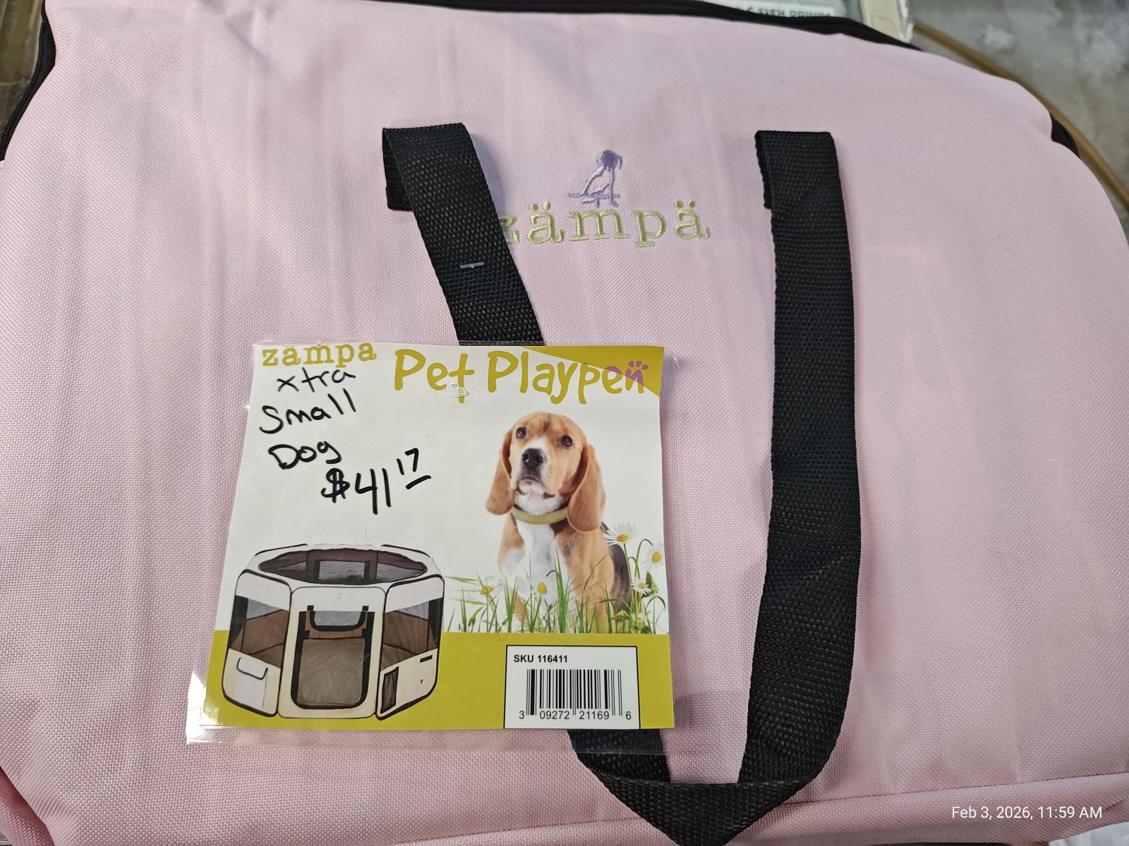 Sampa Pet Playpen for small dogs in pink color with black straps and packaging.