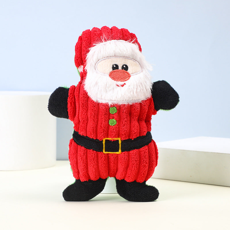 Santa Plush Toy features a red outfit with black belt and white beard, perfect for holiday decor.