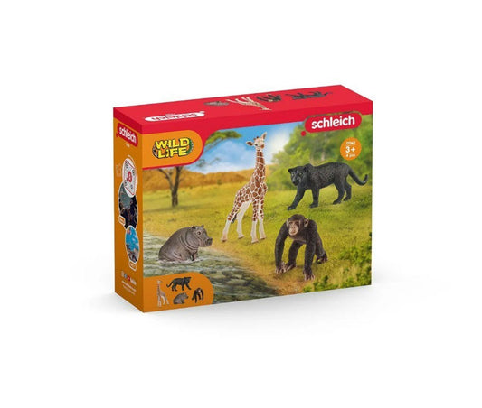 Schleich Wild Life Animal Set featuring a giraffe, bear, and panther in a colorful box.