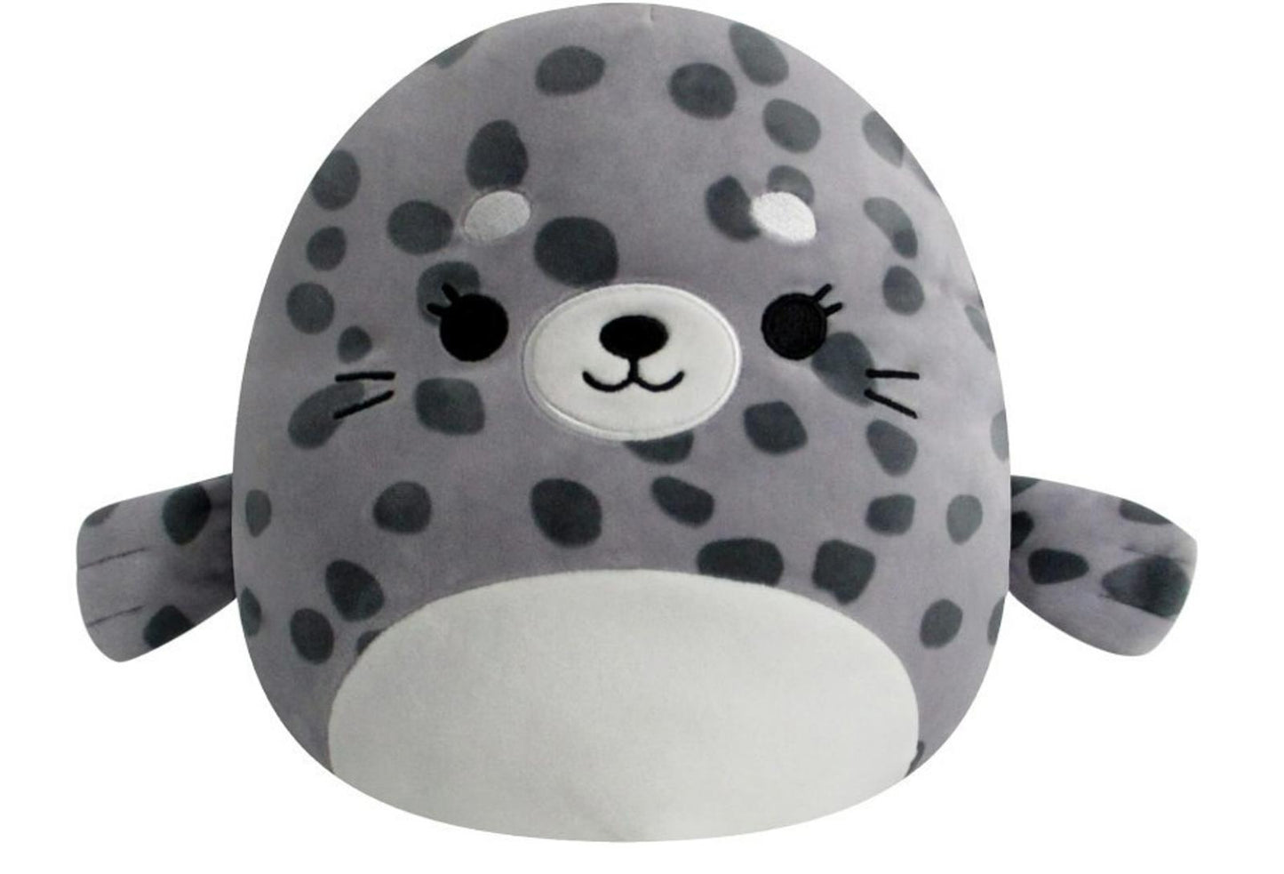 Seal plush toy with gray and black spots, featuring a cute face and small flippers.