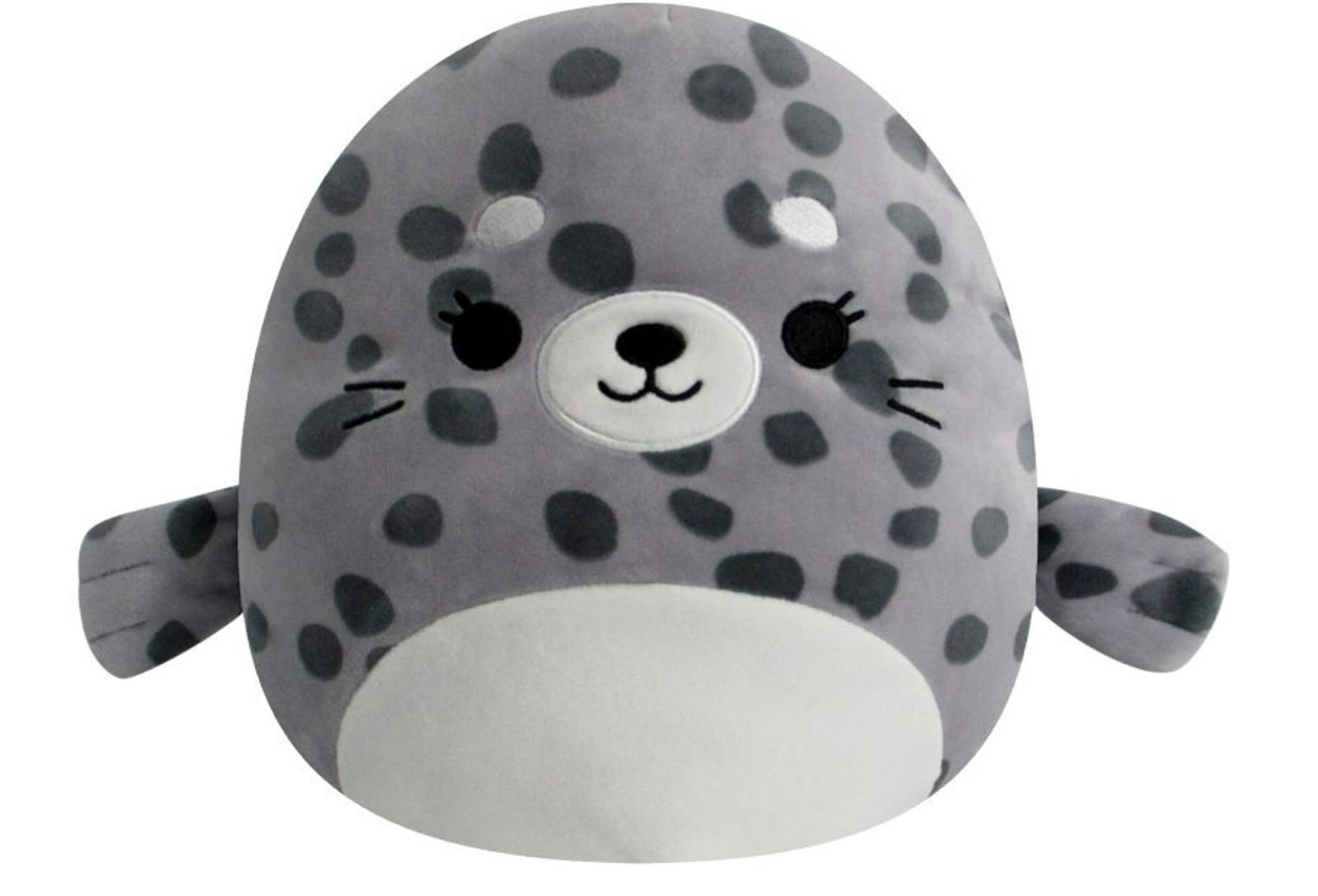 Seal plush toy with gray and black spots, featuring a cute face and small flippers.