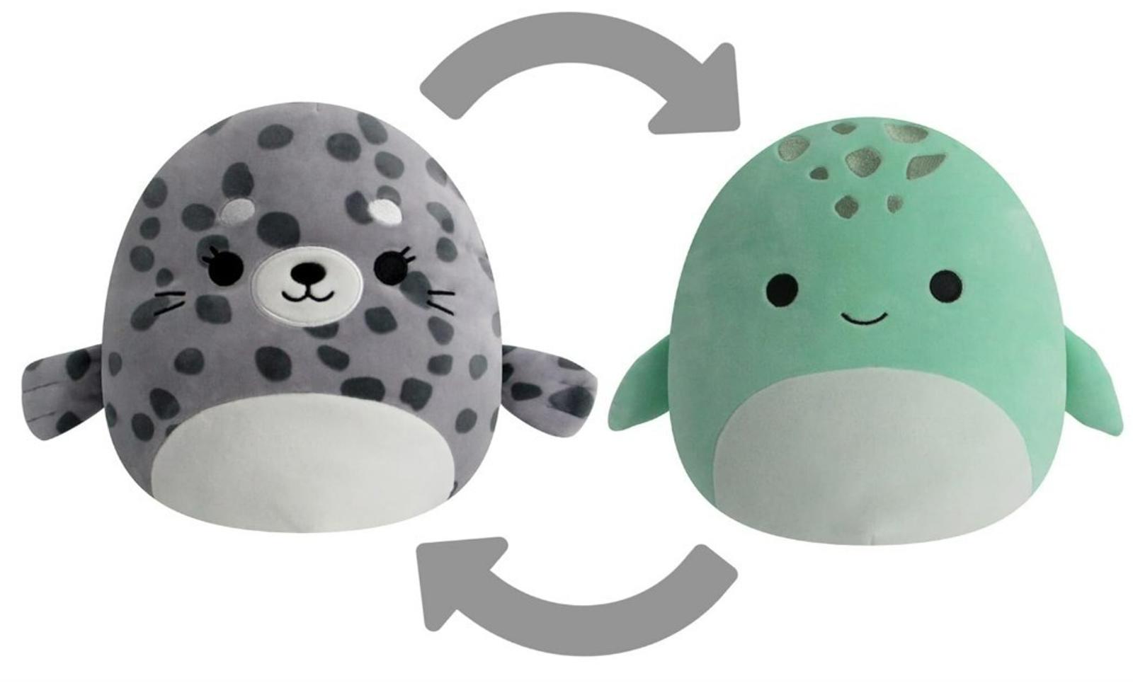 Seal Plush Toy features a reversible design with gray and green colors, perfect for cuddling.