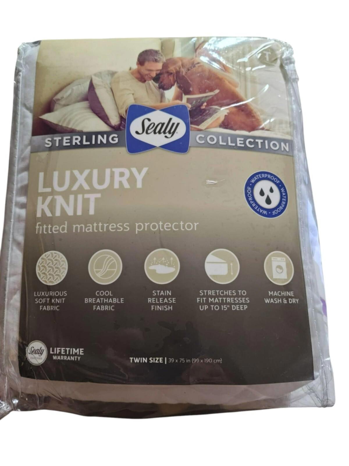 Sealy Luxury Knit fitted mattress protector with breathable fabric and stain release features.