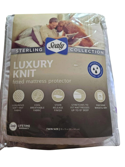 Sealy Luxury Knit fitted mattress protector with breathable fabric and stain release features.