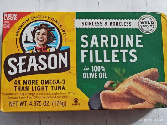Season Sardine Fillets in 100% olive oil, skinless and boneless, packed for freshness.