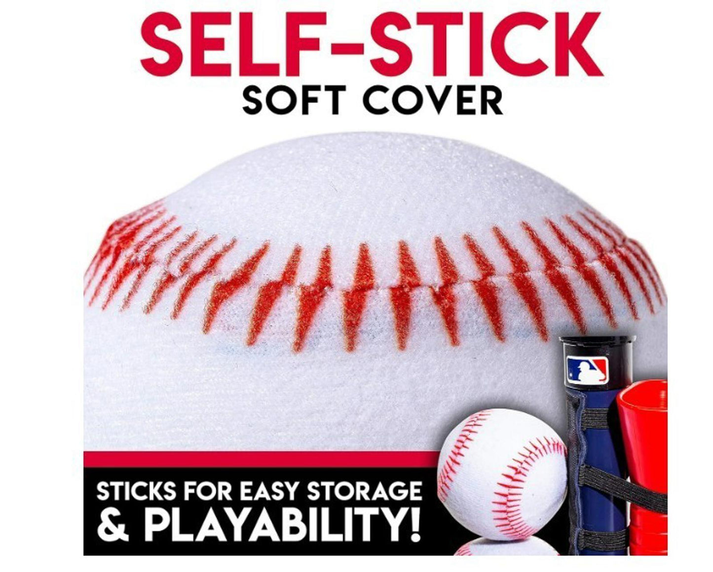 Self-Stick Soft Cover baseball with red stitching for easy storage and playability.