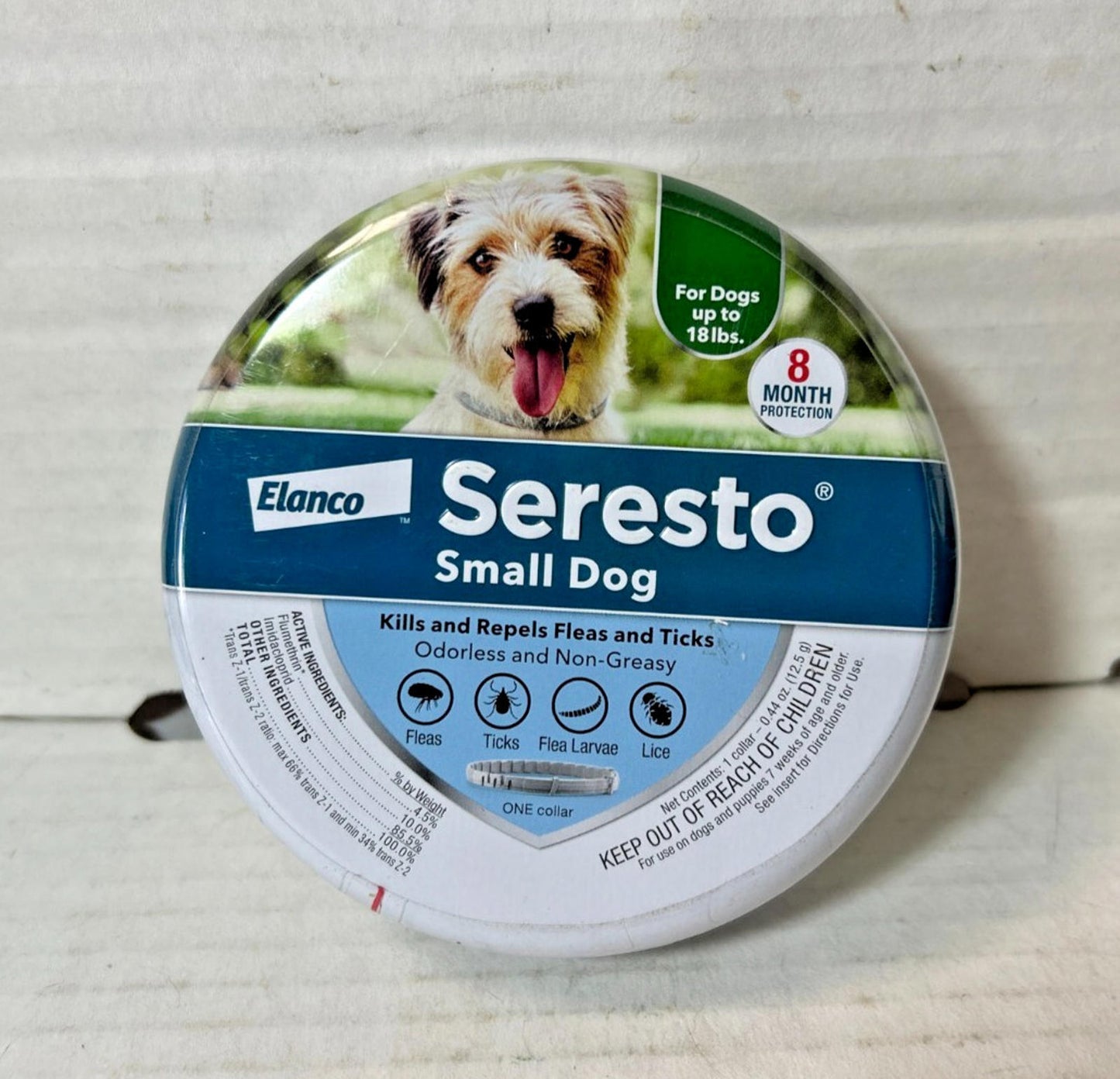 Seresto Small Dog collar for dogs up to 18 lbs, effective against fleas and ticks for 8 months.