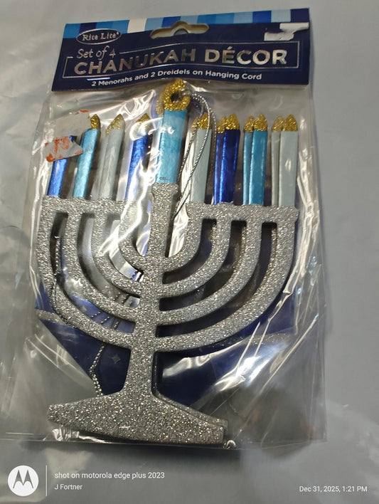 Set of Chanukah Décor featuring a silver menorah and colorful candles for festive celebrations.
