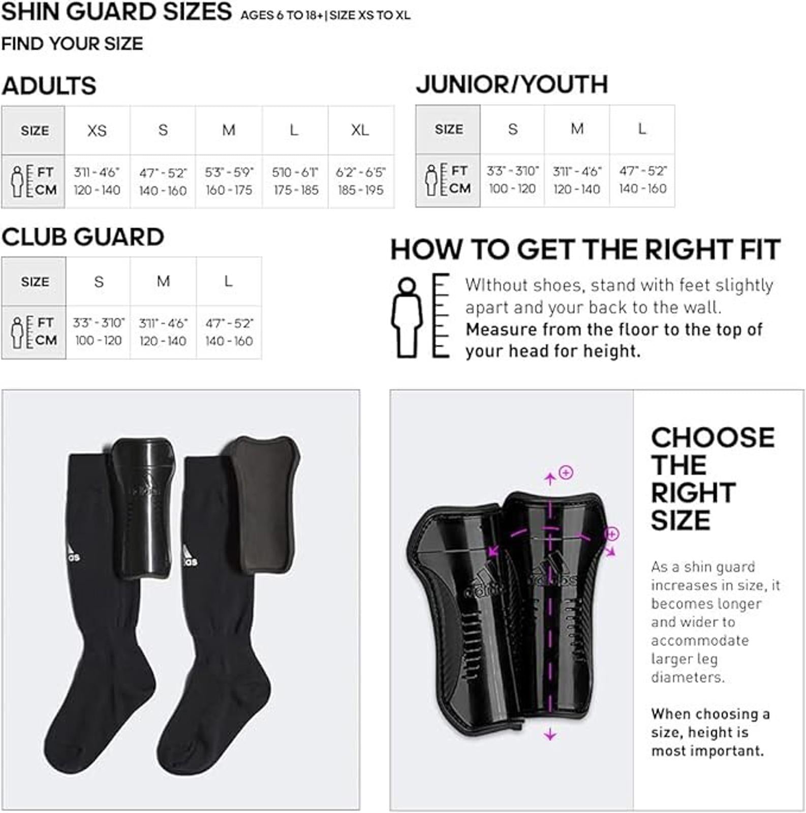 Shin guard sizes chart for adults and juniors, featuring measurement guidelines for proper fit.