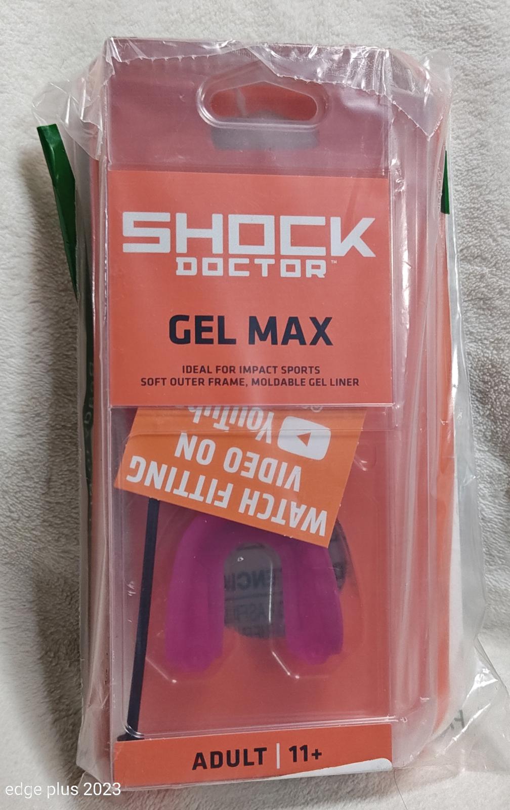 Shock Doctor Gel Max mouthguard in packaging, designed for impact sports with a soft outer frame.