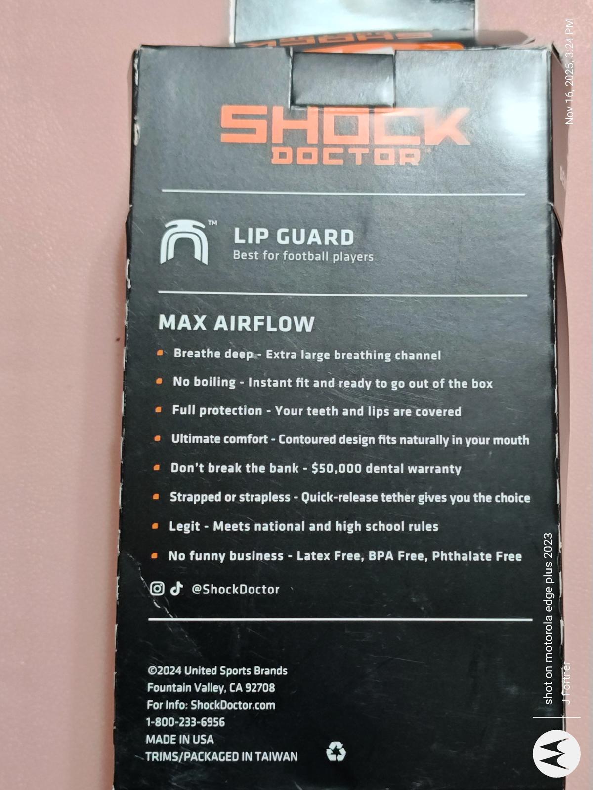 Shock Doctor lip guard designed for maximum airflow and comfort for football players.