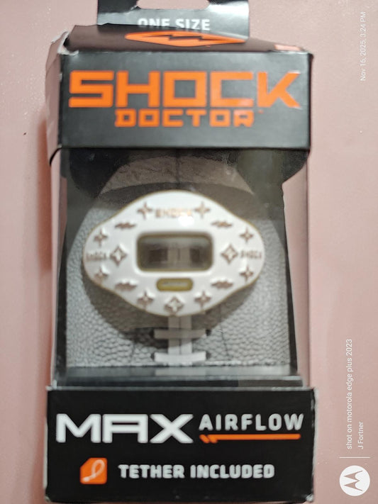 Shock Doctor Max Airflow mouthguard with tether included, featuring a sleek white design.