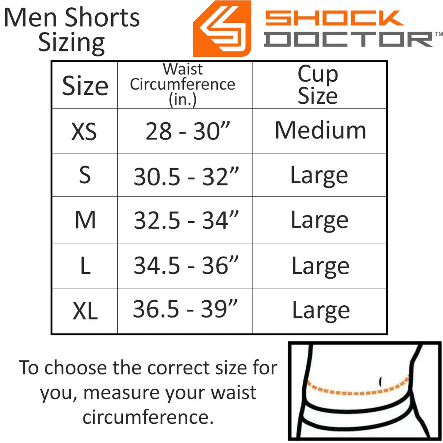 Shock Doctor Men Shorts sizing chart showing waist circumference and cup sizes.