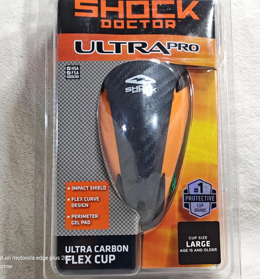 Shock Doctor Ultra Pro flex cup with impact shield and gel pad for protection.