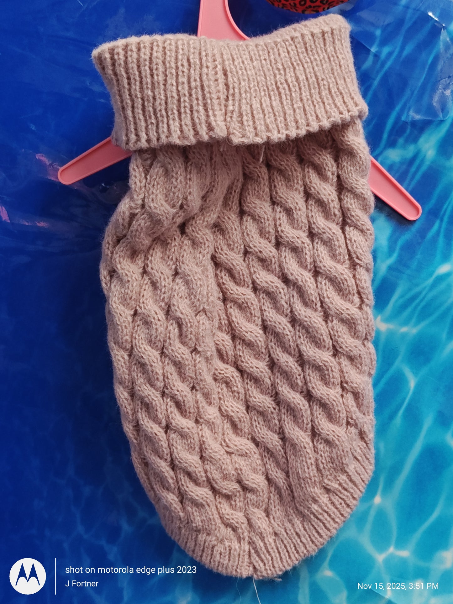 J-Forster knitted pet sweater in soft pink with a cable knit design.