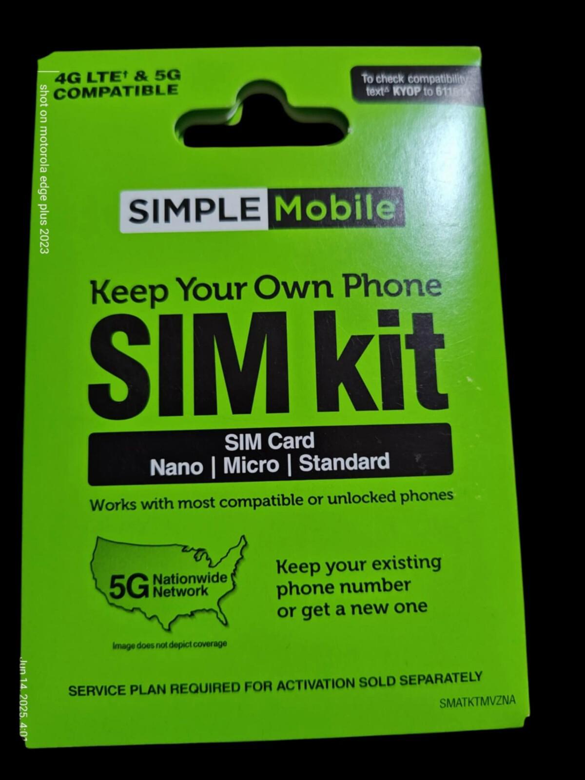 Simple Mobile SIM kit for 4G LTE and 5G compatibility, includes Nano, Micro, and Standard SIM cards.