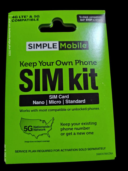 Simple Mobile SIM kit for 4G LTE and 5G compatibility, includes Nano, Micro, and Standard SIM cards.