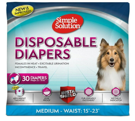 Simple Solution Disposable Diapers for females in heat, featuring InstaShield technology and travel-friendly packaging.