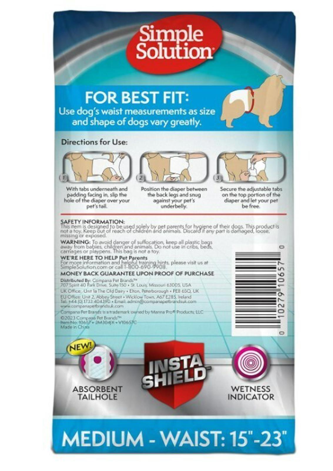 Simple Solution dog diaper with absorbent tailhole and wetness indicator for medium dogs.
