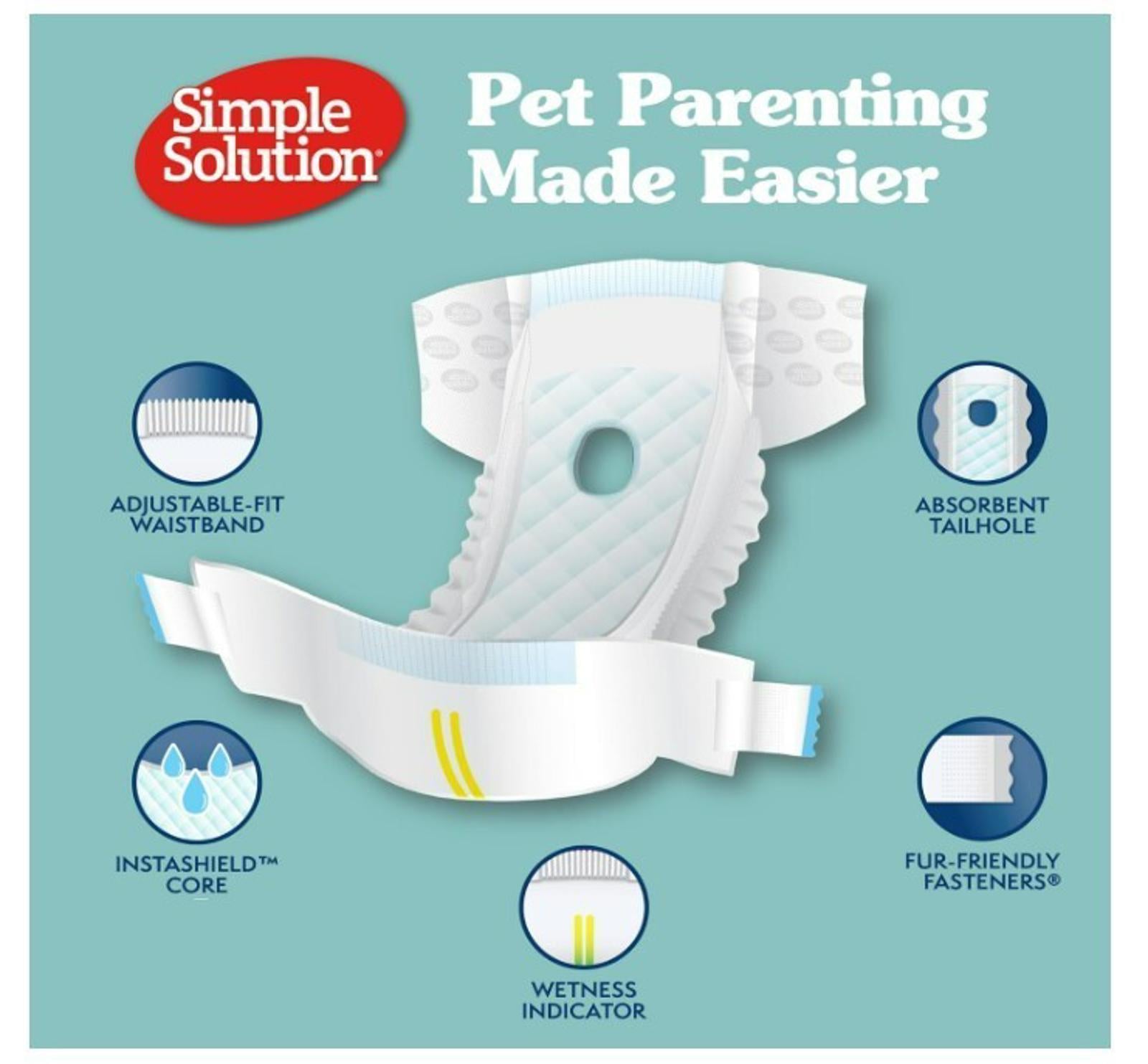 Simple Solution pet diapers with adjustable-fit waistband and absorbent tailhole for easy pet parenting.