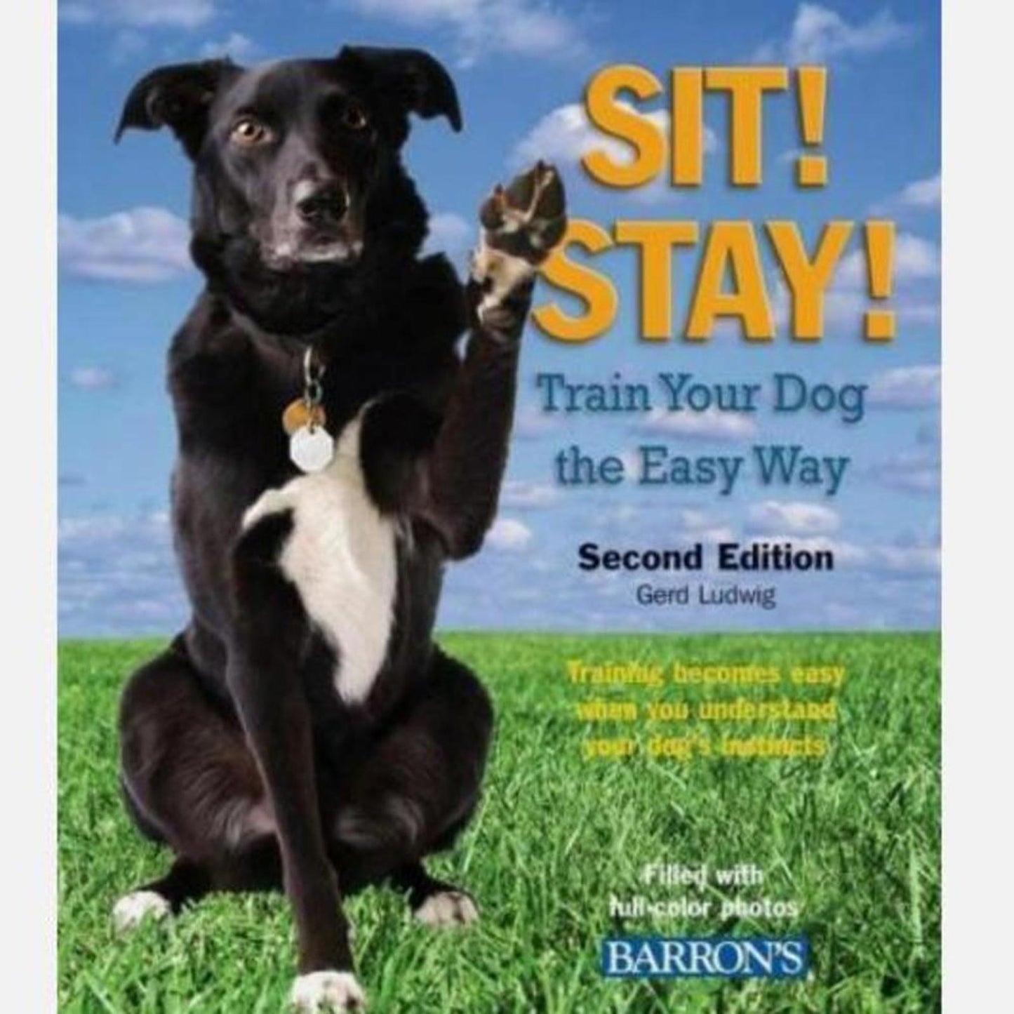 SIT! STAY! dog training book cover featuring a black dog with a raised paw on green grass.