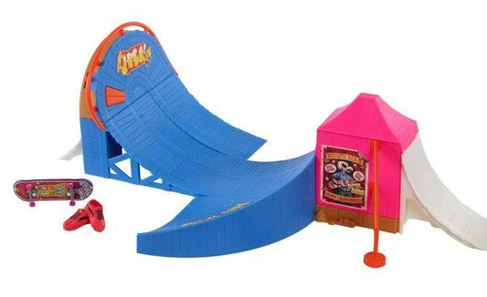 Skateboard Ramp Playset featuring a blue ramp and pink tent for kids.