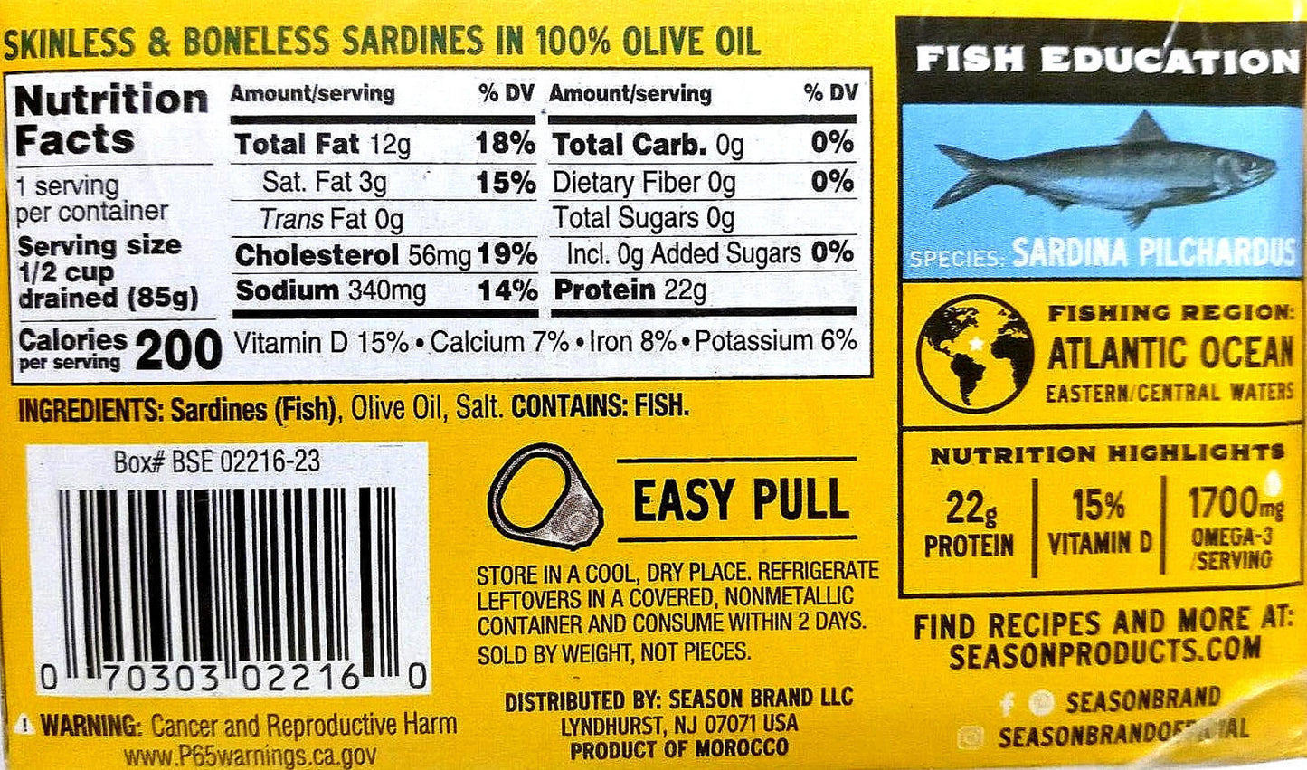 Skinless and boneless sardines in 100% olive oil, packed with protein and omega-3.