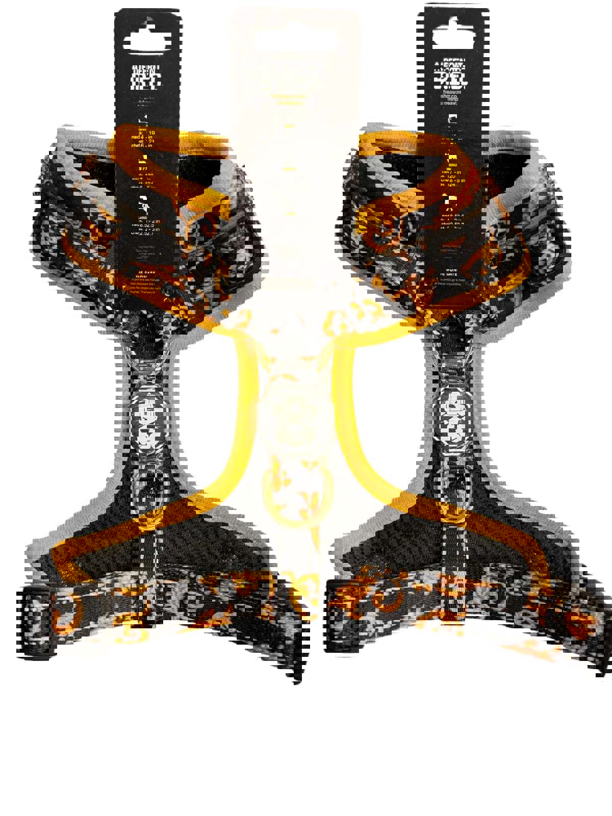 Skull and floral design dog harness featuring adjustable straps and a padded interior.