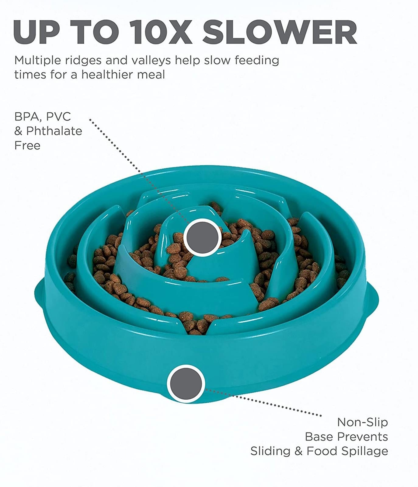 Slow Feeder Dog Bowl helps reduce feeding time with multiple ridges and valleys for a healthier meal.