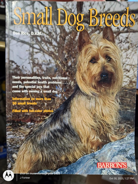 Small Dog Breeds book cover featuring a small dog with a fluffy coat and vibrant background.