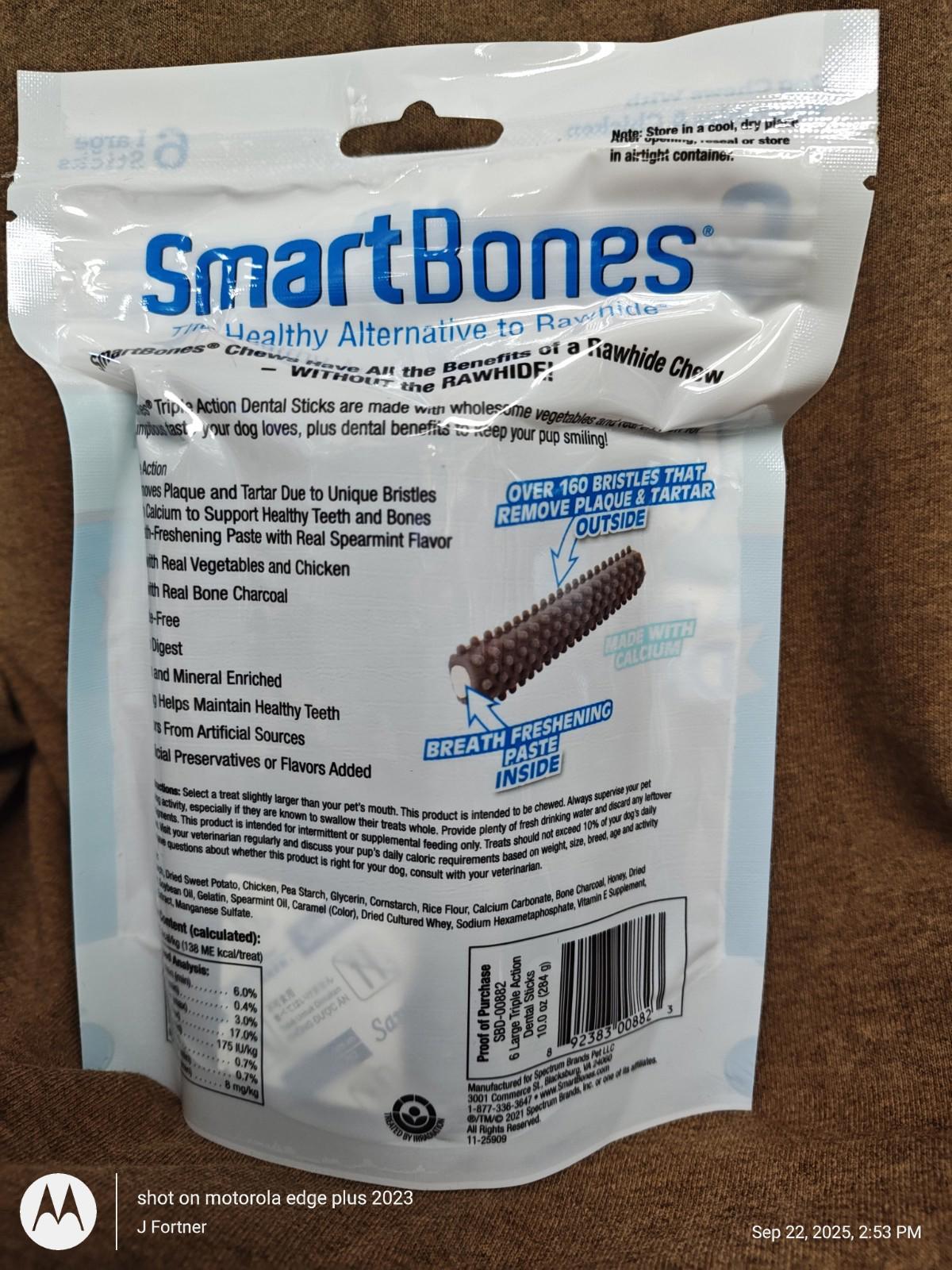 SmartBones chicken-flavored dog chews in a resealable bag, promoting healthy chewing.