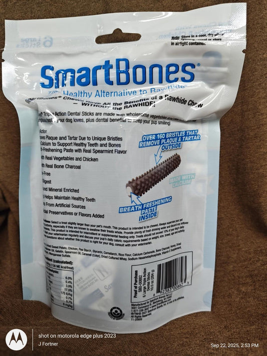 SmartBones chicken-flavored dog chews in a resealable bag, promoting healthy chewing.