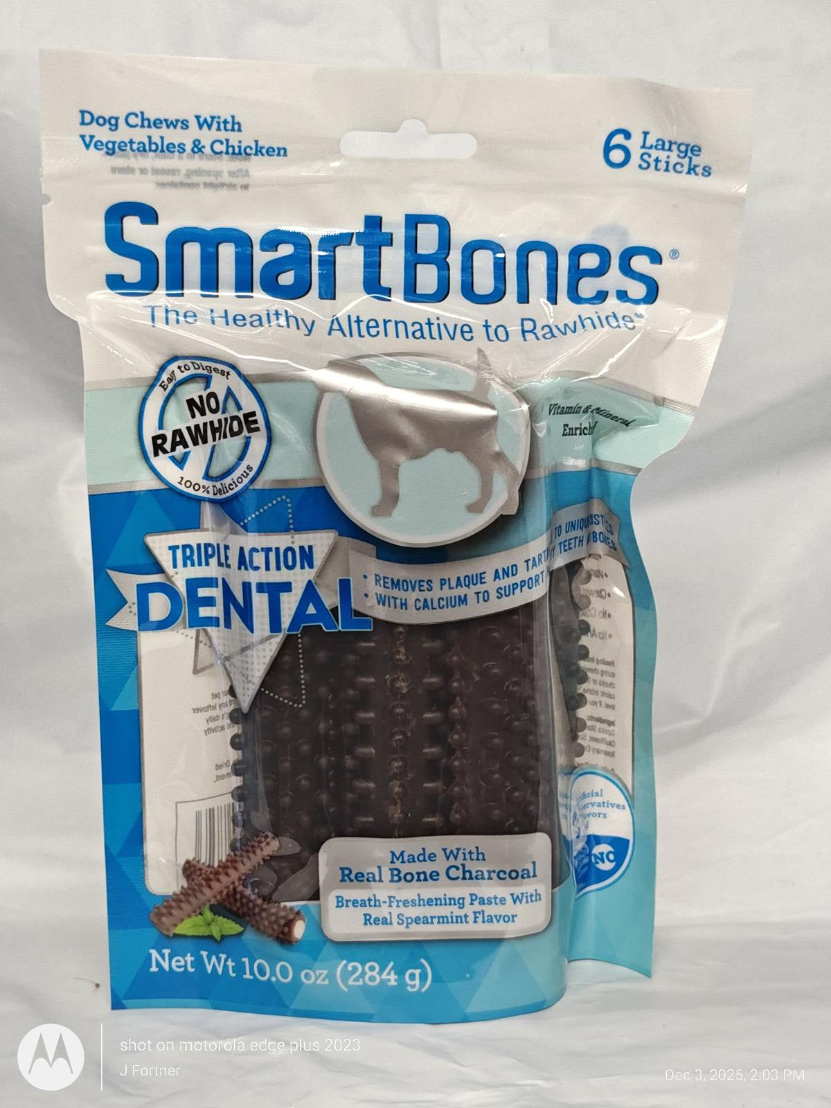 SmartBones dental dog chews with real bone and vegetables, promoting oral health.